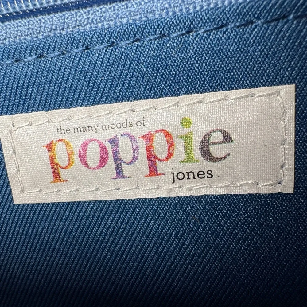 Poppie Jones Navy Blue Tan Woven Straw Geometric Envelope Clutch Chain Strap